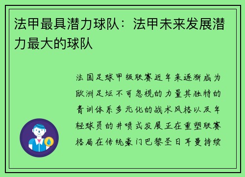 法甲最具潜力球队：法甲未来发展潜力最大的球队