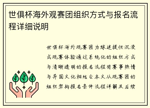 世俱杯海外观赛团组织方式与报名流程详细说明